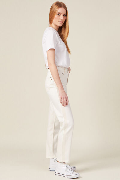 Pantalon straight à broderie denim blanc femme