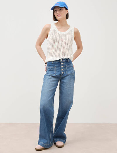 D&eacute;bardeur ajour&eacute; col rond sans manches ecru femme