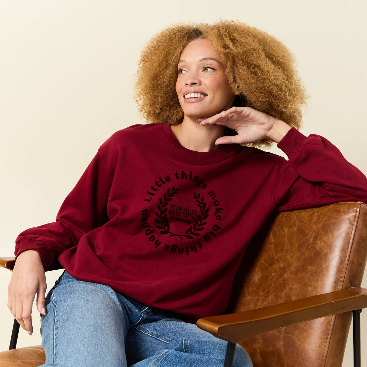 Sweat col rond manches longues rouge femme