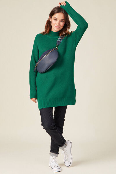 Pull long manches longues vert femme