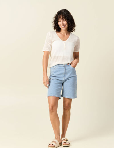 Pull manches courtes ajouré creme femme