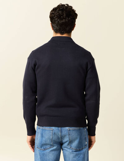 Pull manches longues col polo bleu marine homme