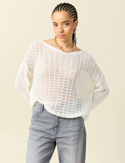 Pull ajour&eacute; col bateau manches longues ecru femme