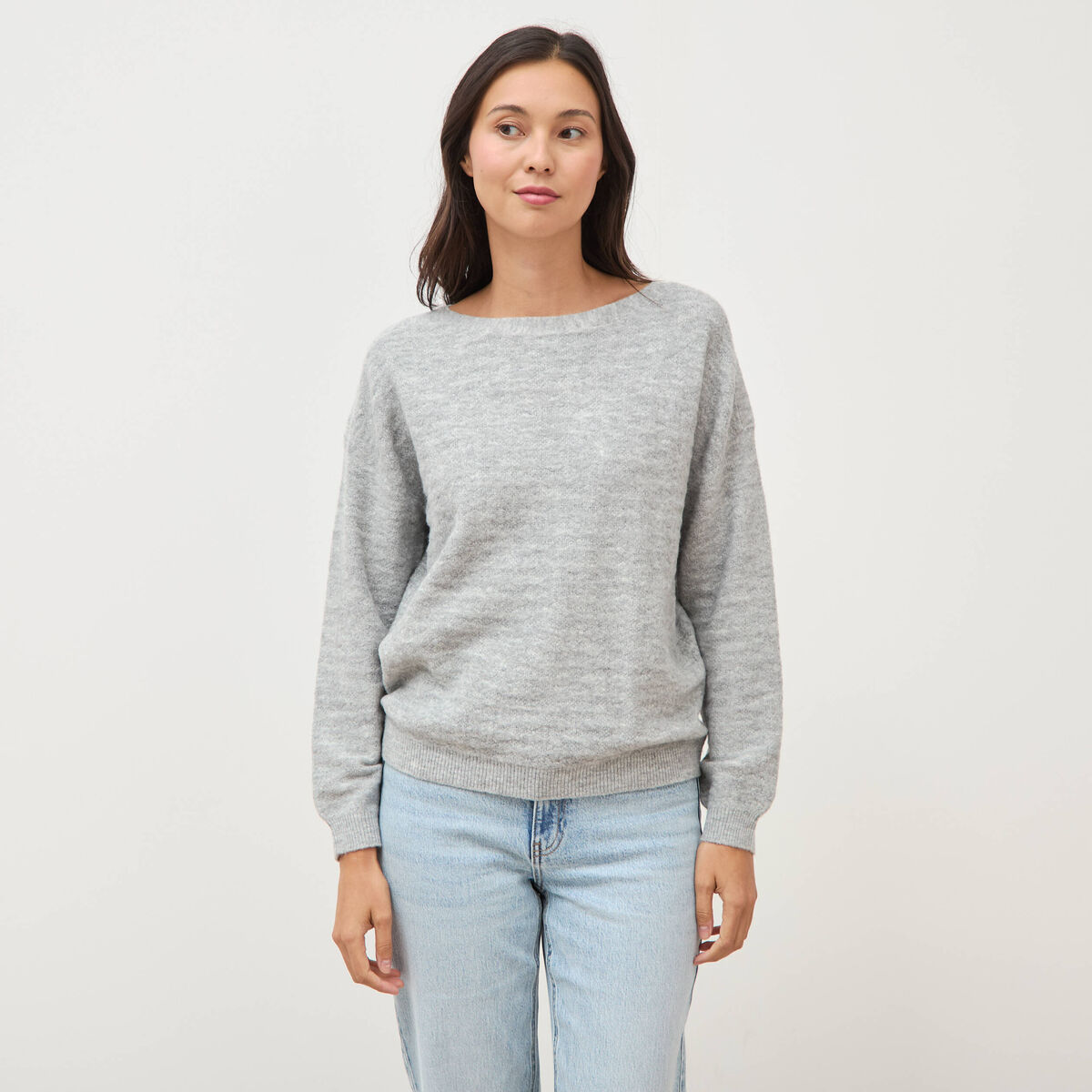 Pull manches longues col bateau gris femme