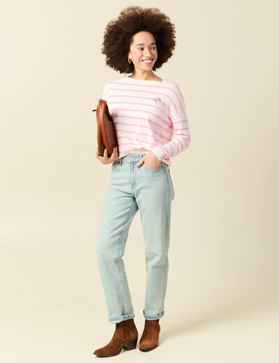 Pull col rond manches longues broderie rose clair femme