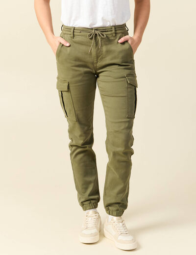 Pantalon cargo battle 7/8&egrave;me en maille vert kaki femme