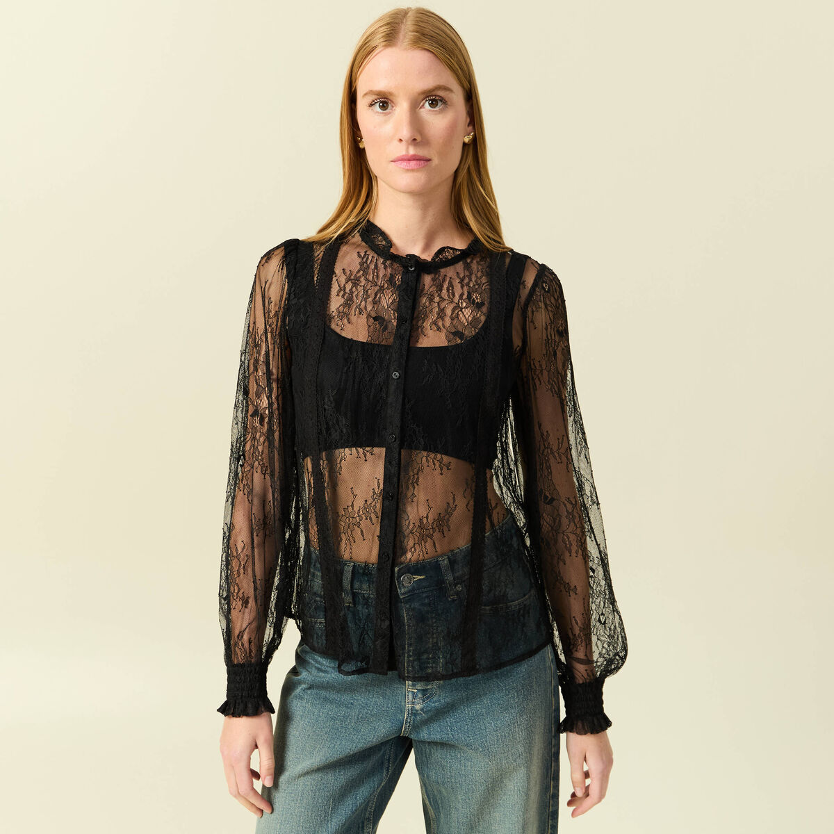 Chemise en dentelle manches longues noir femme