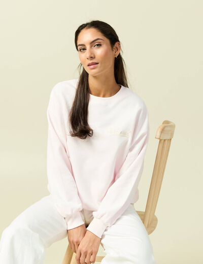 Sweat oversize manches longues brod&eacute; rose poudr&eacute;e femme