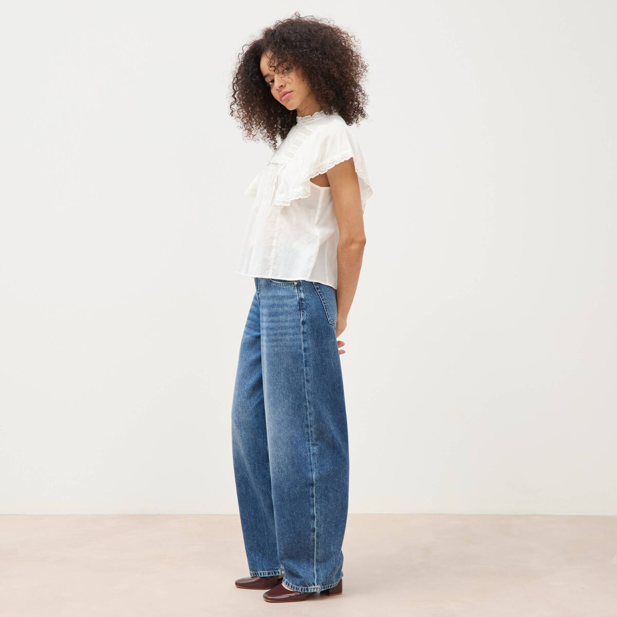 Blouse ample col montant manches courtes ecru femme
