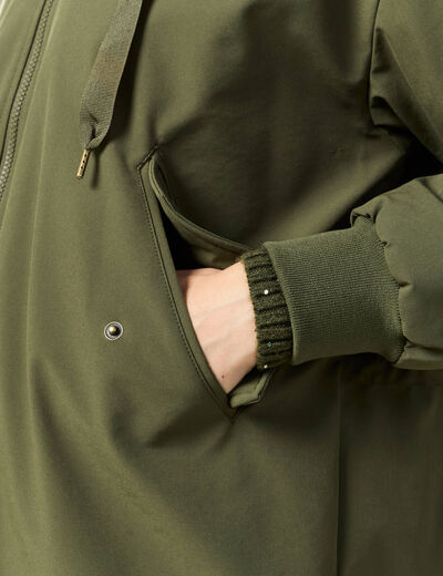 Parka oversize mi-longue &agrave; capuche vert kaki femme