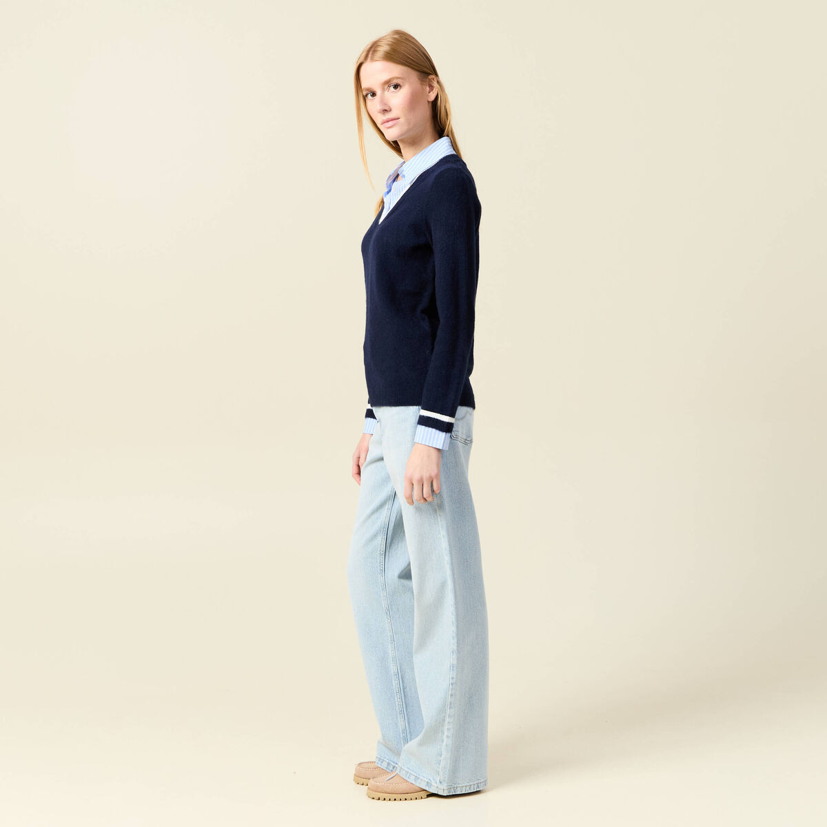 Pull manches longues 2-en-1 bleu foncé femme
