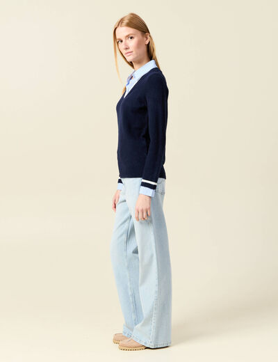 Pull manches longues 2-en-1 bleu foncé femme