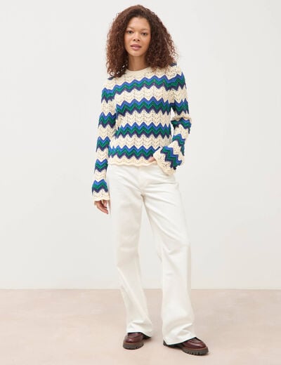Pull ajour&eacute; coton manches longues ecru femme