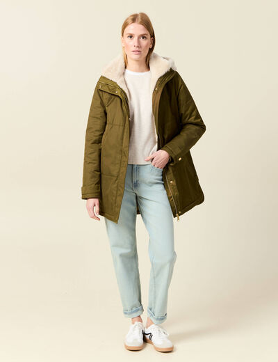 Parka droite &agrave; capuche vert kaki femme