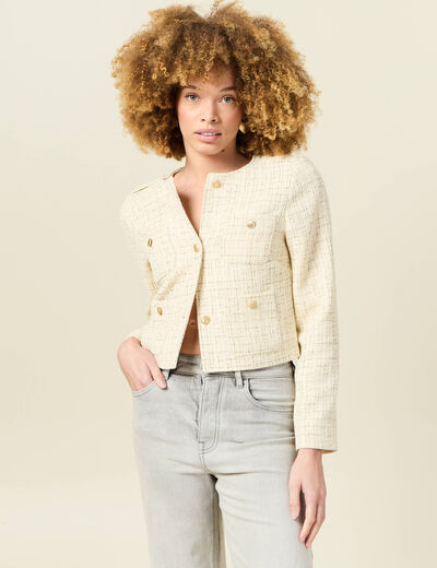 Veste tweed courte jaune pastel femme