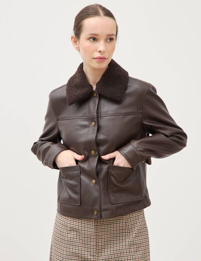 Blouson col sherpa manches longues marron fonc&eacute; femme