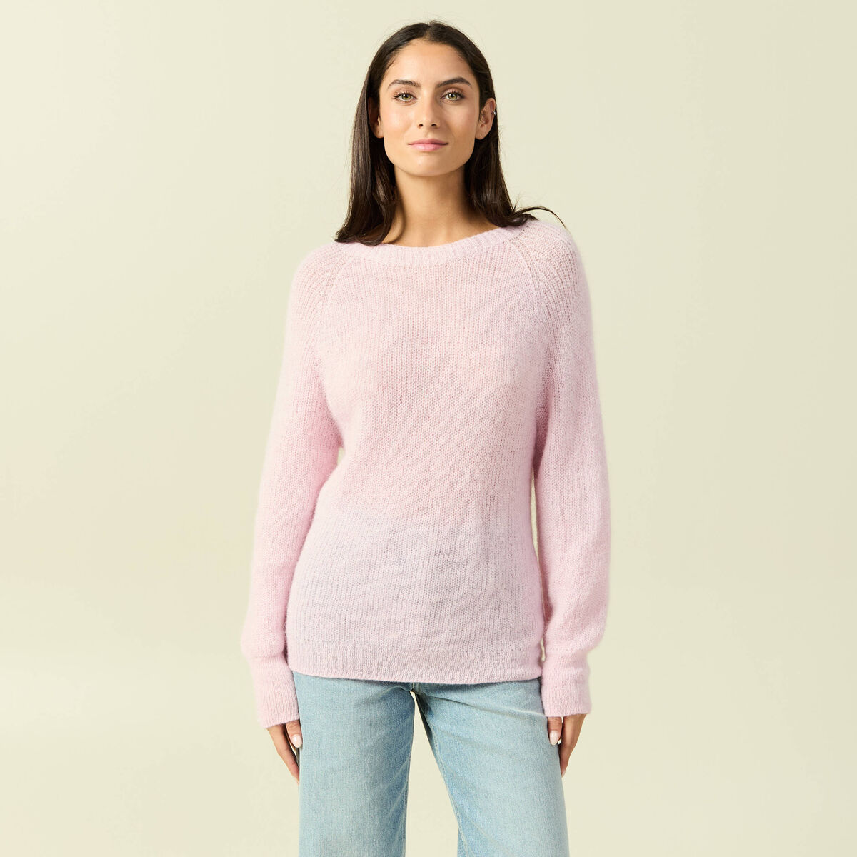 Pull manches longues col rond rose femme