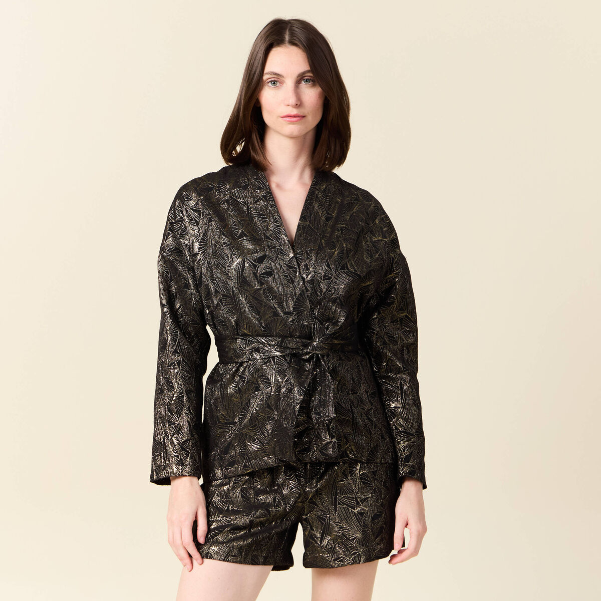 Kimono oversize manches longues ceinture couleur or femme