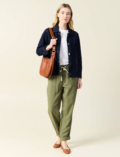 Pantalon droit à coulisse vert kaki femme