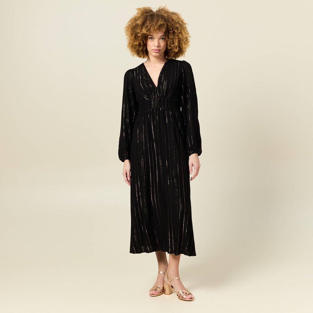 Robe longue évasée fluide noir femme