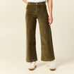 Pantalon large taille haute en velours vert kaki femme