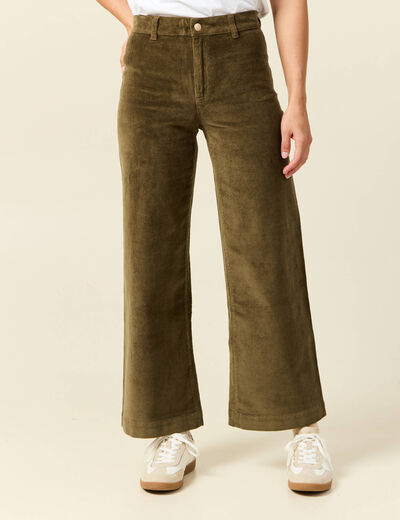 Pantalon large taille haute en velours vert kaki femme