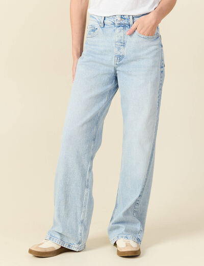 Jeans large taille haute denim bleach femme