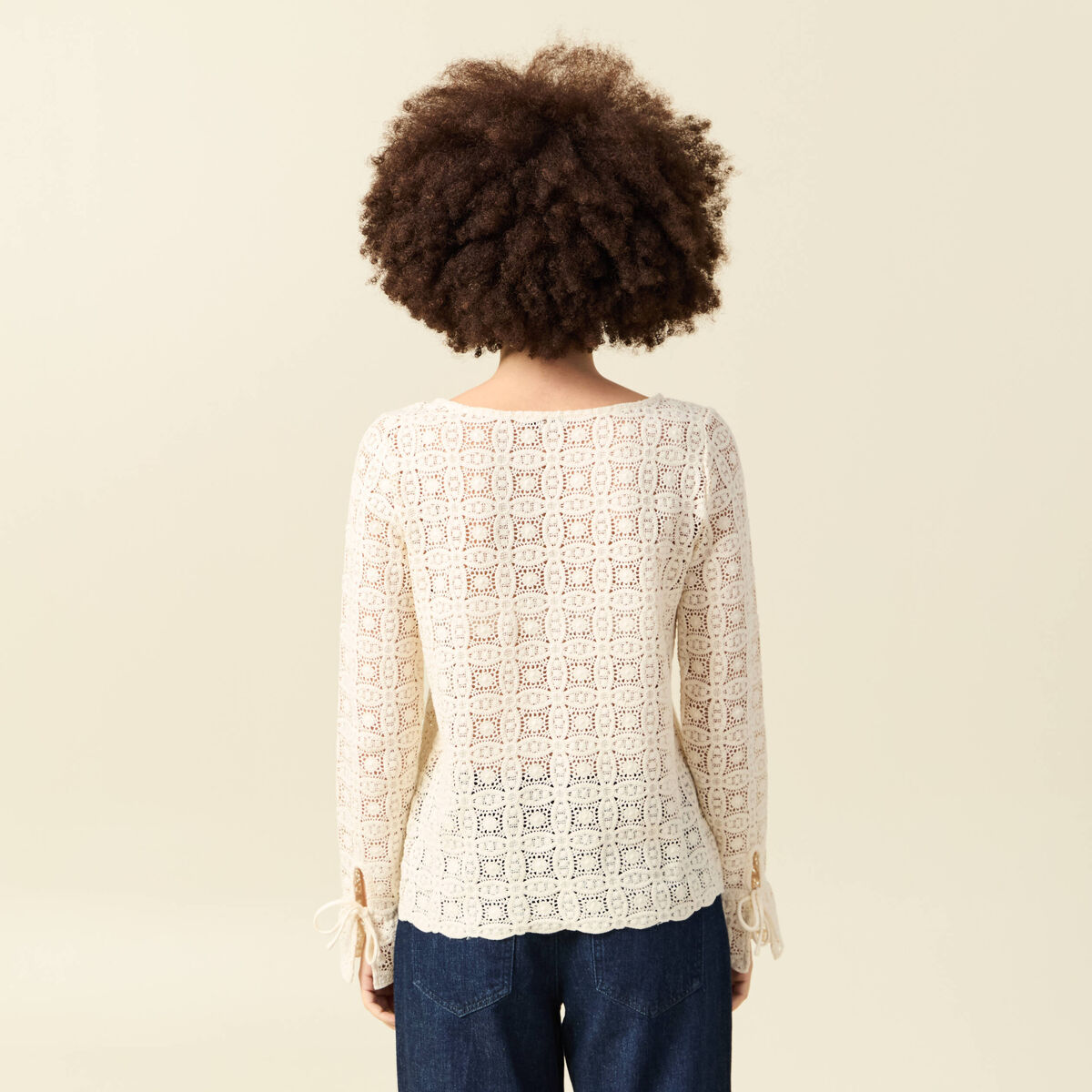 T-shirt manches longues en dentelle ecru femme