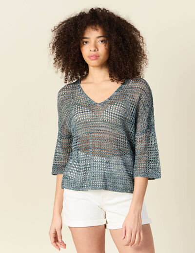 Pull manches courtes ajouré bleu clair femme