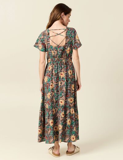 Robe longue évasée dos ouvert noir femme