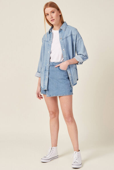 Jupe-short droite en jean denim bleach femme