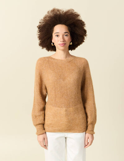 Pull manches longues col rond camel femme