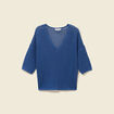 Pull ajour&eacute; col v manches 3/4 bleu marine femme