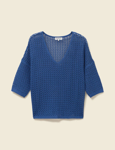 Pull ajour&eacute; col v manches 3/4 bleu marine femme