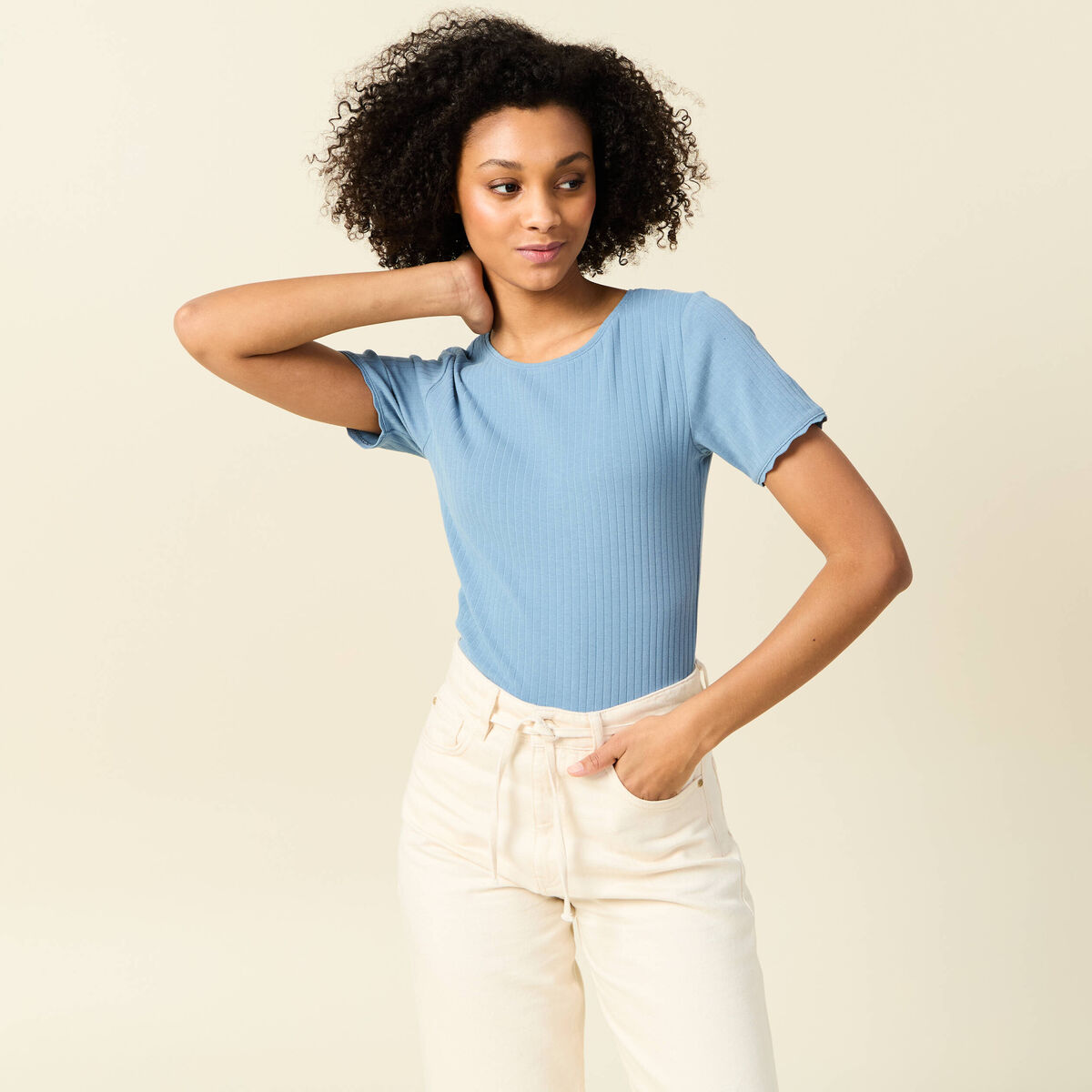 T-shirt manches courtes côtelé bleu clair femme