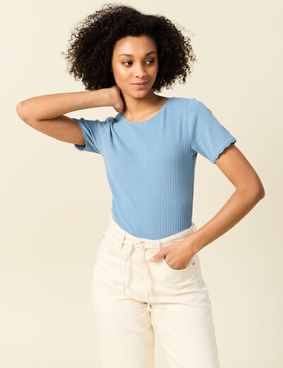 T-shirt manches courtes côtelé bleu clair femme