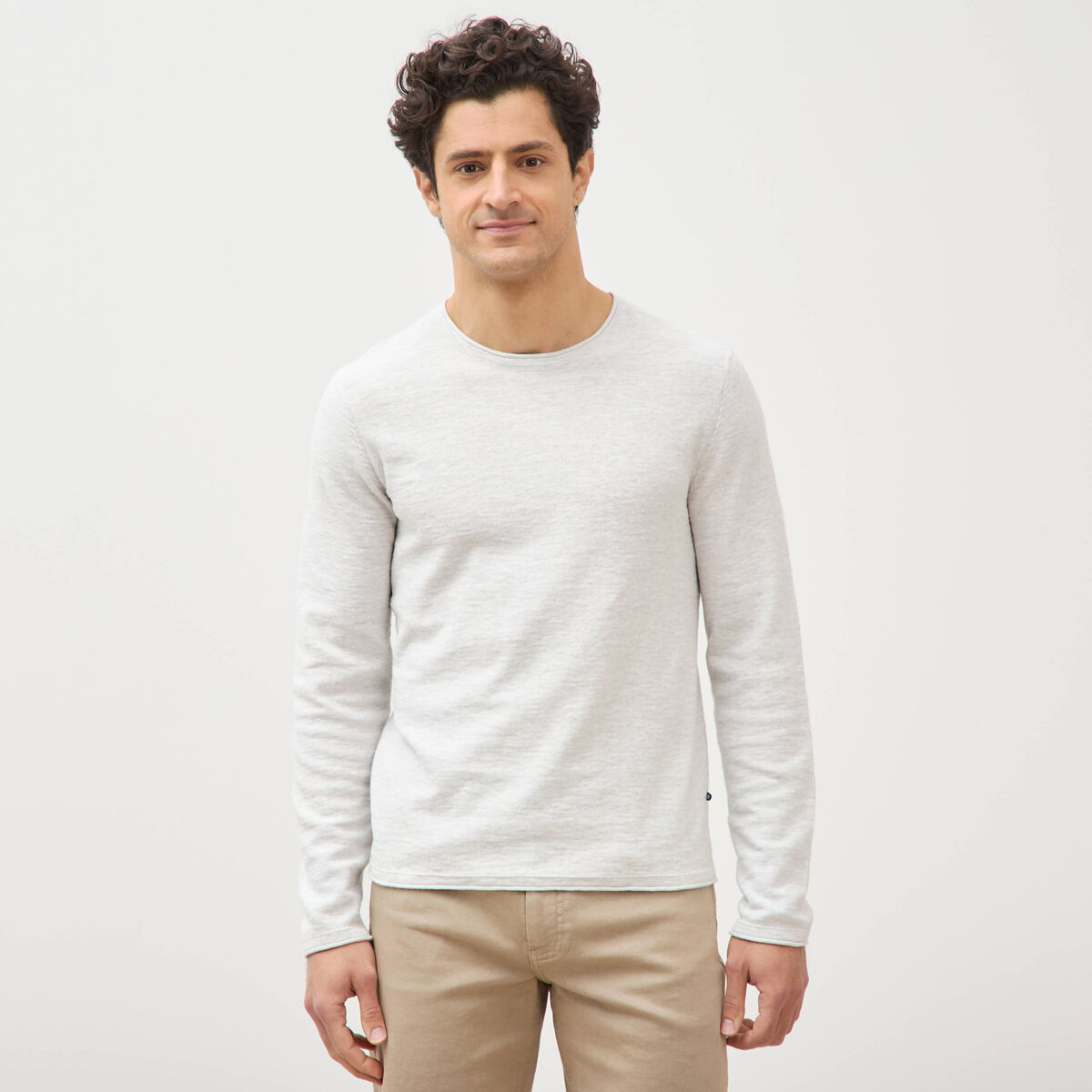Pull fin en coton manches longues ecru homme