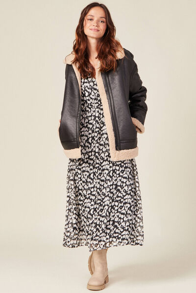 Robe longue évasée manches 3/4 noir femme