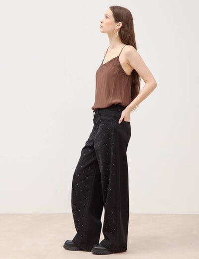 Jeans ample d&eacute;tails clout&eacute;s denim noir femme