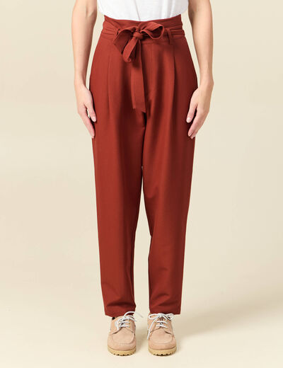 Pantalon carotte taille haute marron cognac femme