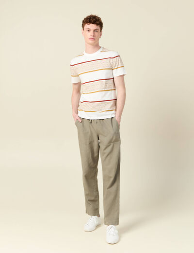 T-shirt ray&eacute; col rond manches courtes ecru homme