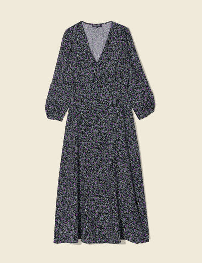 Robe droite 3/4 col v manches fluides noir femme