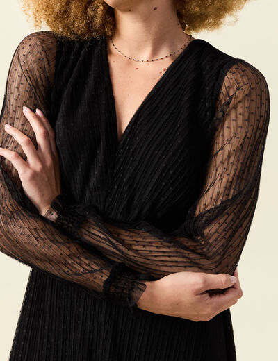 Robe manches longues en voile doubl&eacute;e noir femme