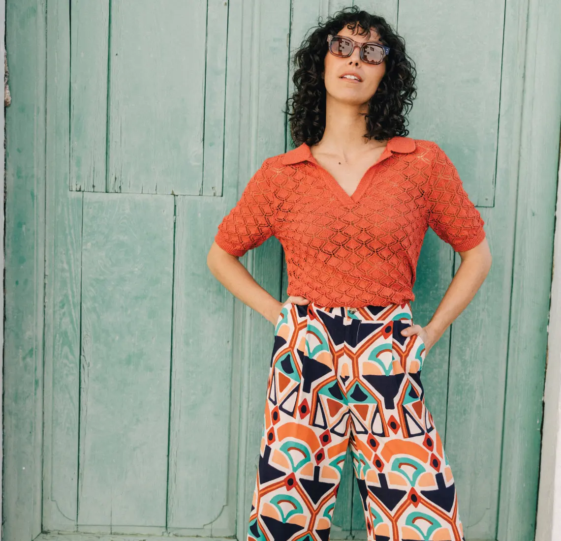 Ensemble top orange pantalon imprimé fluide femme Bonobo