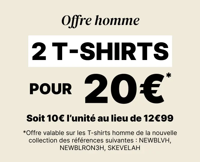 Offre homme 2 t-shirts pour 20€* soit 10€ l'unité au lieu de 12€99 - Bonobo