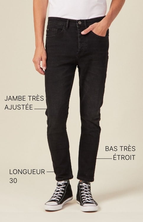 Jambe très ajustée, bas très étroit, longueur 30