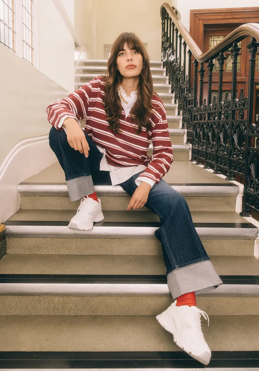 tenue femme - polo manches longues à rayures rouges et blanches