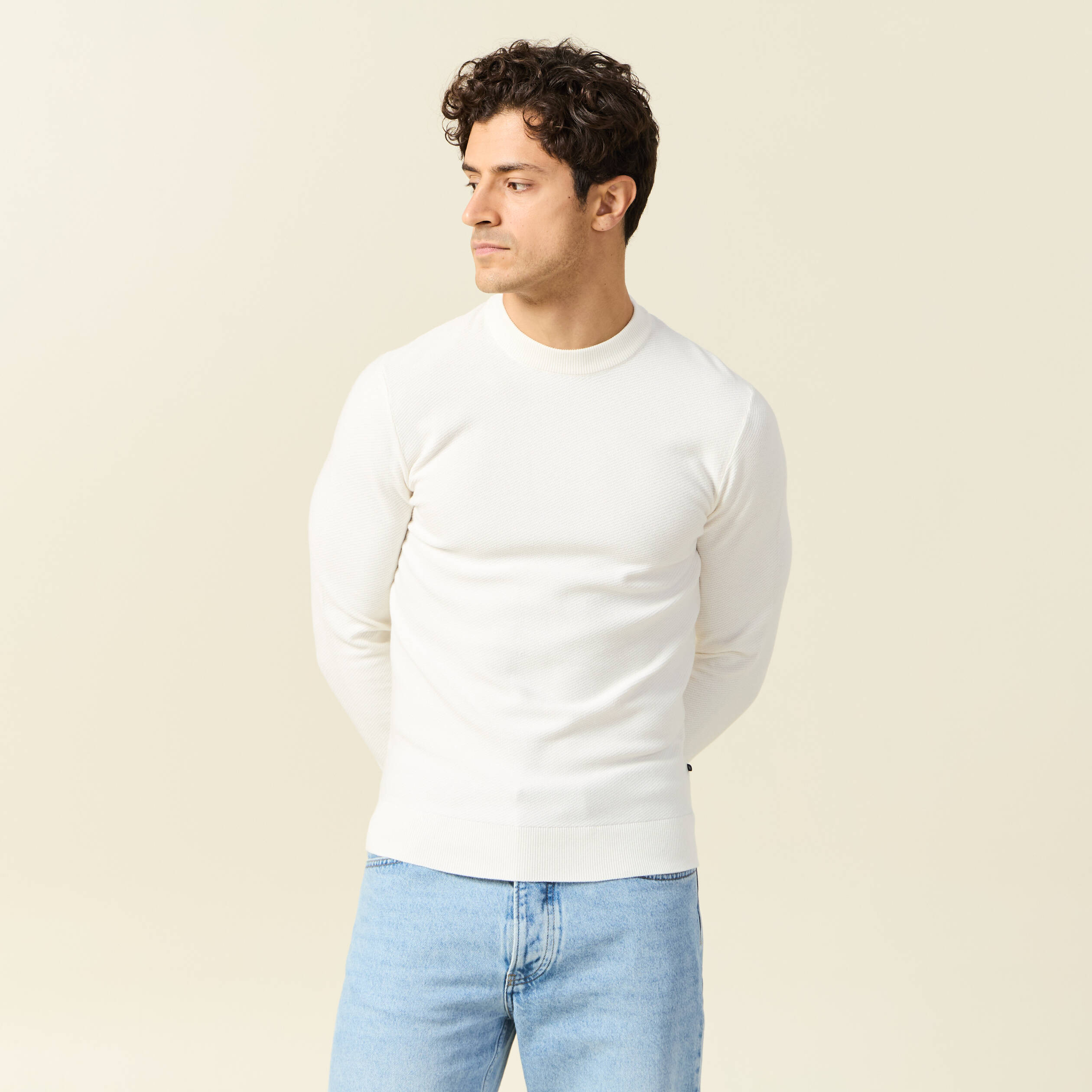 Pull col rond manches longues ecru homme