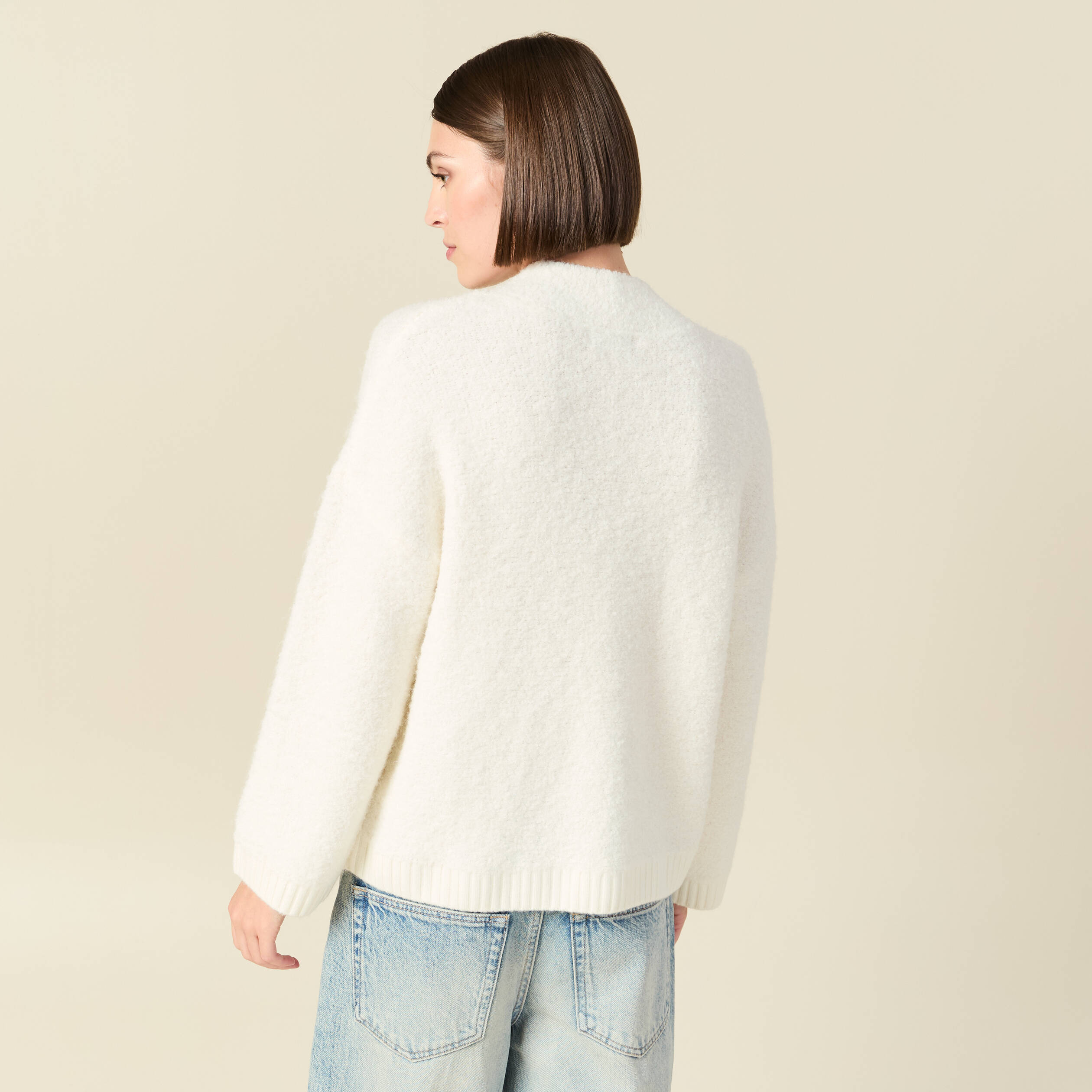 Pull manches longues col montant ivoire femme