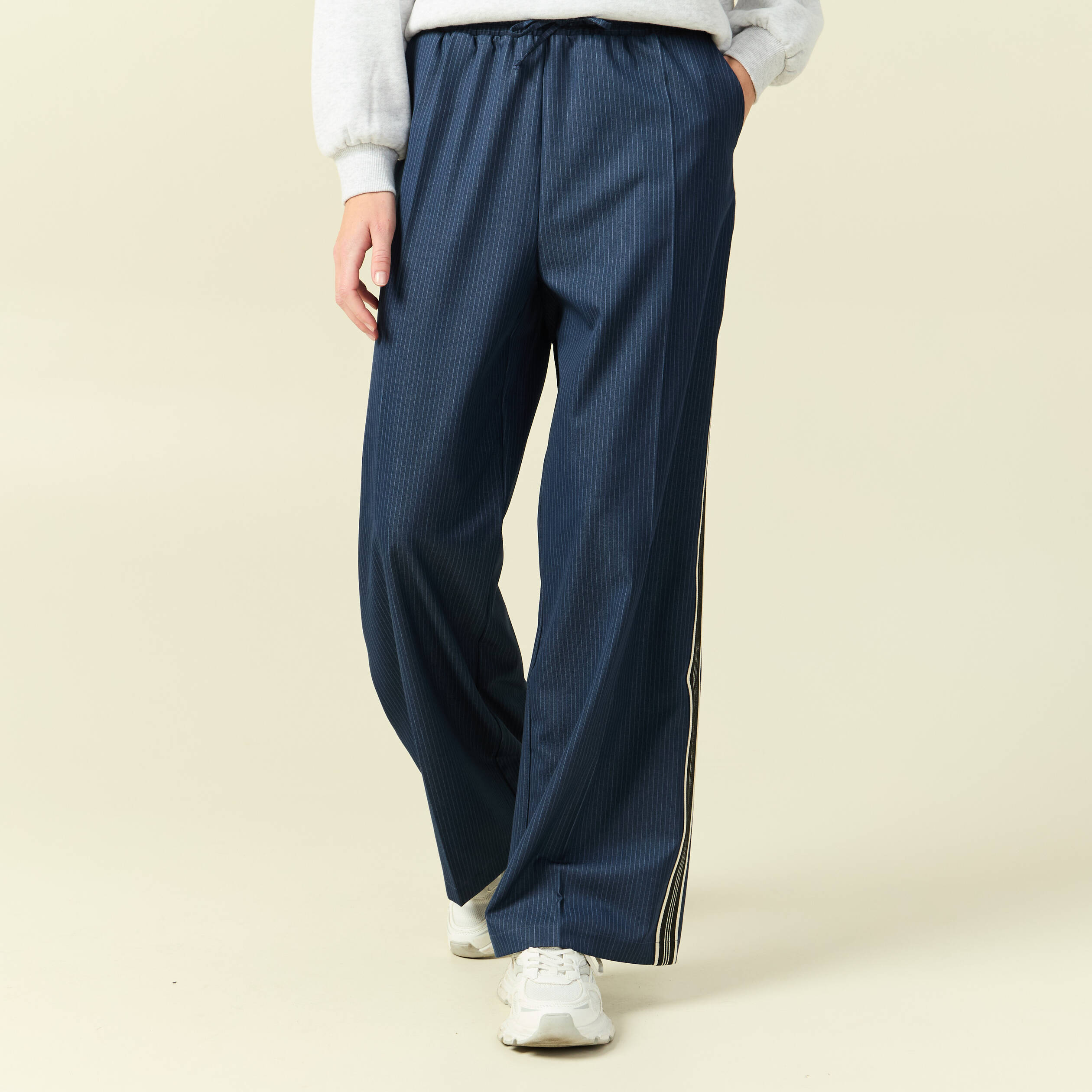 Pantalon large taille haute ray&eacute; bleu marine femme
